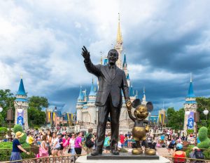 Walt Disney and Mickey Mouse statue inside of the Magic