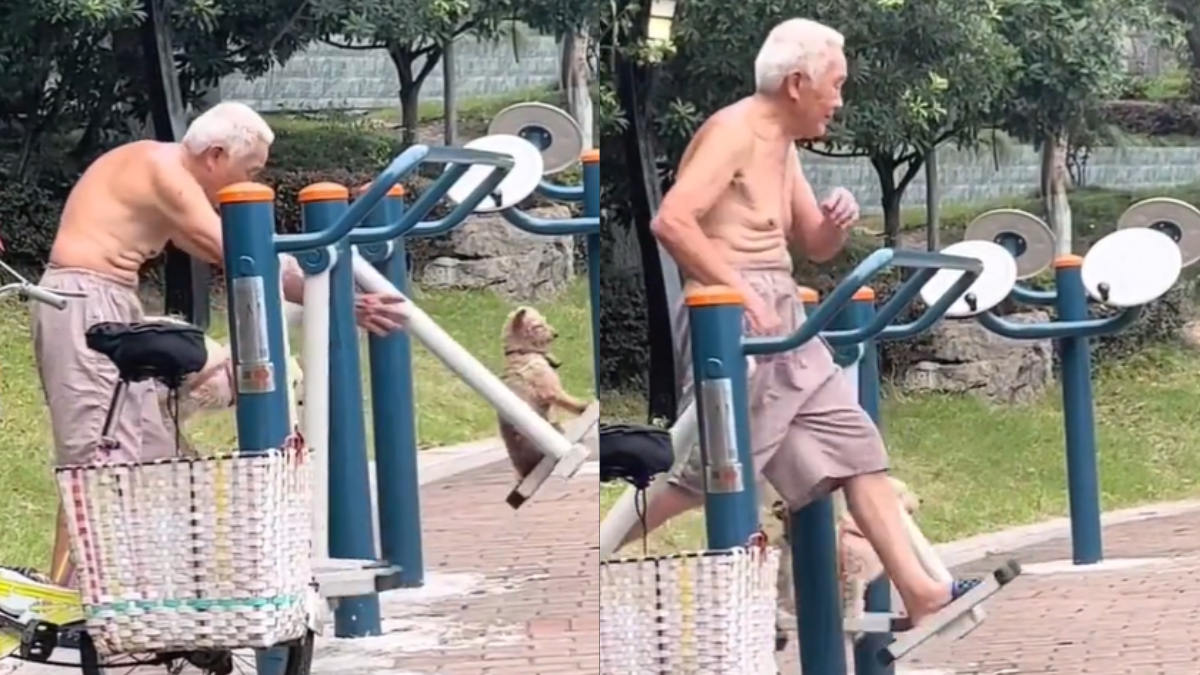 Viral: Tierno abuelo hace ejercicio con sus cachorros en un parque