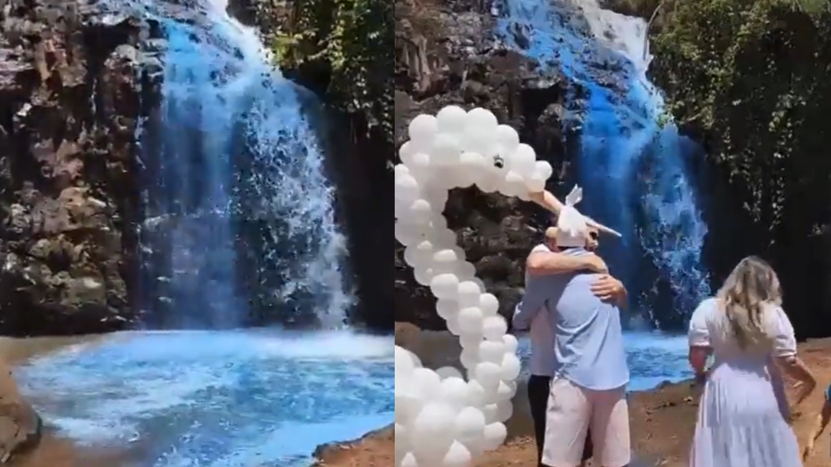 ¡No hay derecho! Pareja tiñe cascada para revelar el sexo de su bebé
