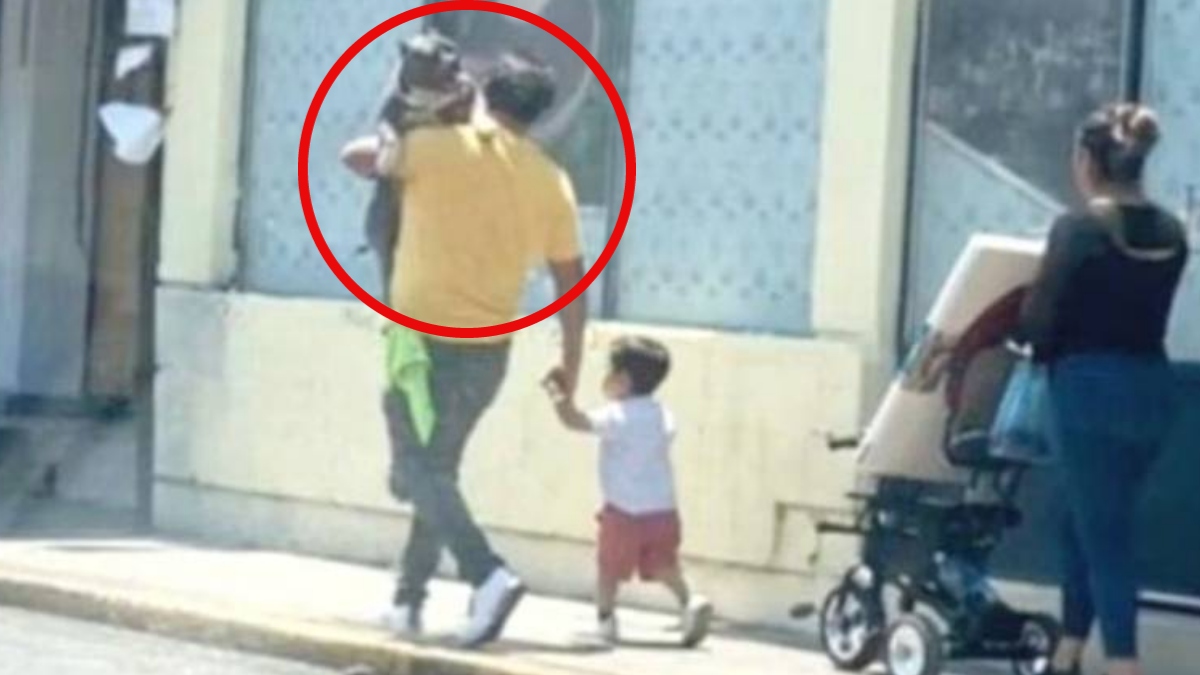 Hombre se hace viral por cargar a su perro y poner a caminar a su pequeño hijo; “prioridades”