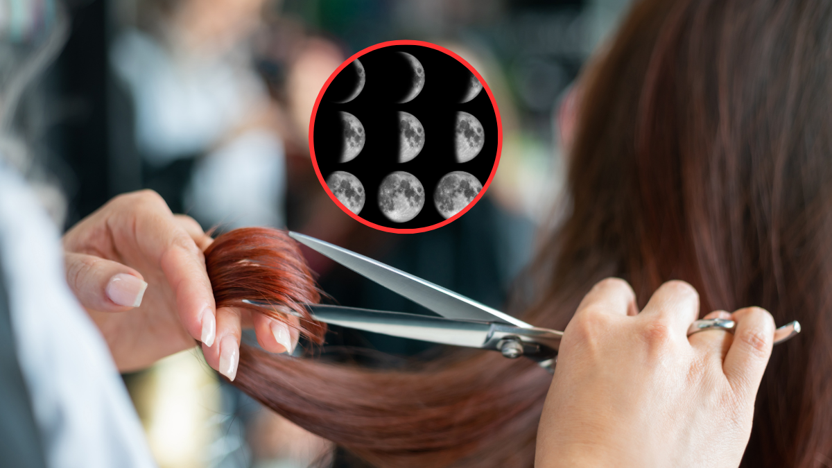 Persona cortando el cabello y de fondo la ilustración de algunas fases lunares (Fotos vía Getty Images)