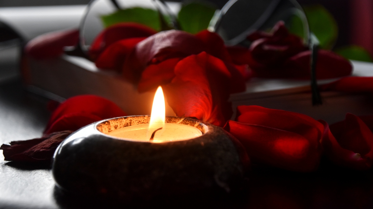 Vela prendida junto a pétalos de rosas rojas (Foto vía Getty Images