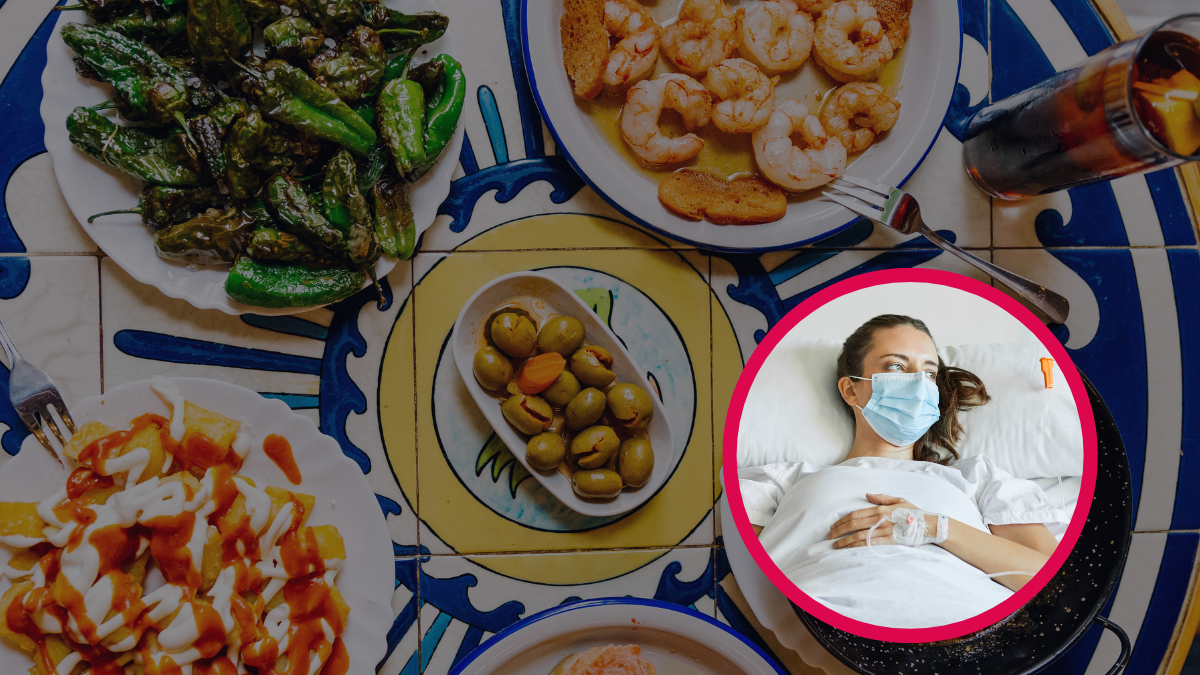 Platos de comida en una mesa y una persona enferma. -Crédito: Getty Images