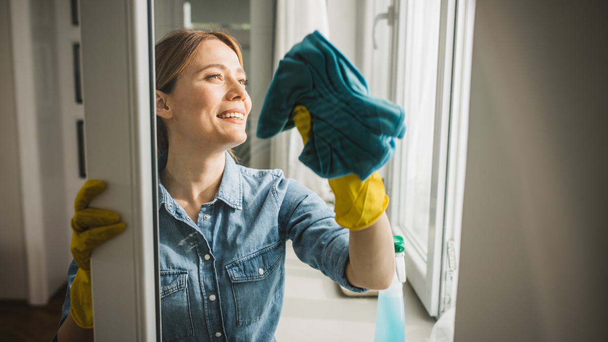 Mujer limpiando vidrios. | Crédito: Getty images.