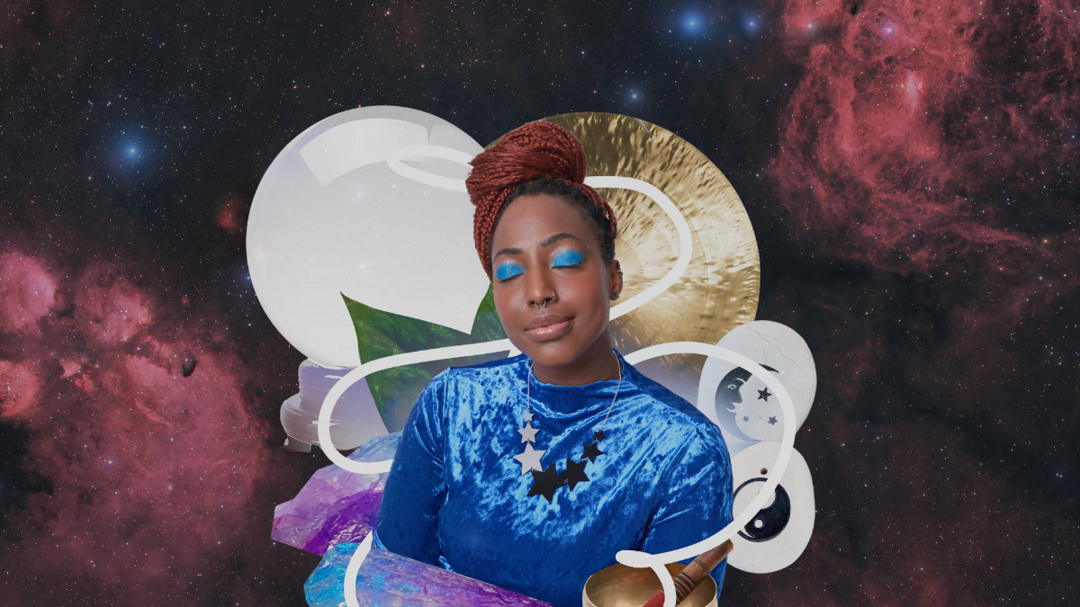 Imagen animada de una mujer feliz y calmada con fondo de universo. Crédito. Getty Images.