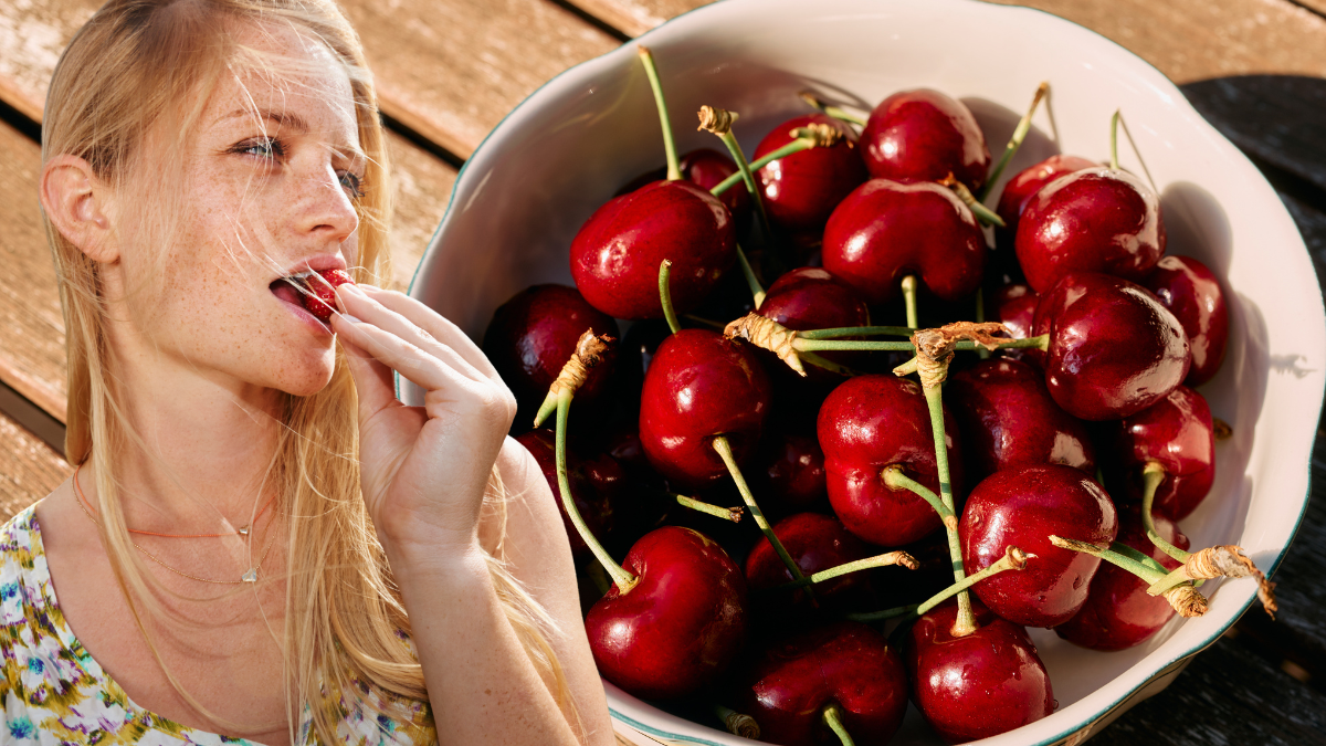 Mujer comiendo cereza. | Crédito: Getty images.